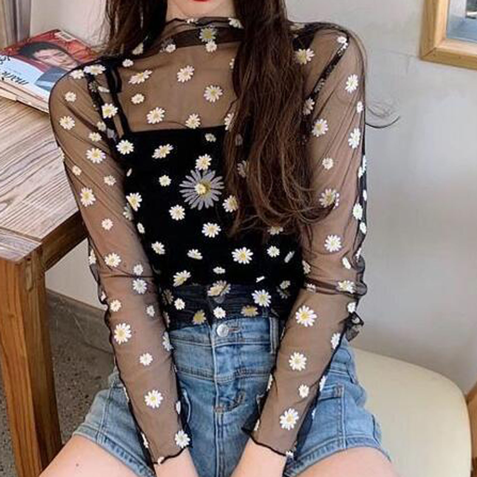 Tops transparentes de encaje con estampado de Margarita para mujer, camisetas sexis de manga larga, camisas de malla fina, Top de para mujer, blusa con protección solar de verano 2023: Negro