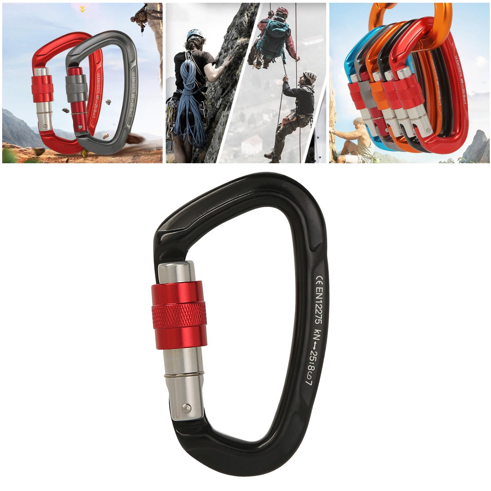 Climbing Carabiners CE Certificated 25KN (5620 lbs) High Strength Large Locking: Black