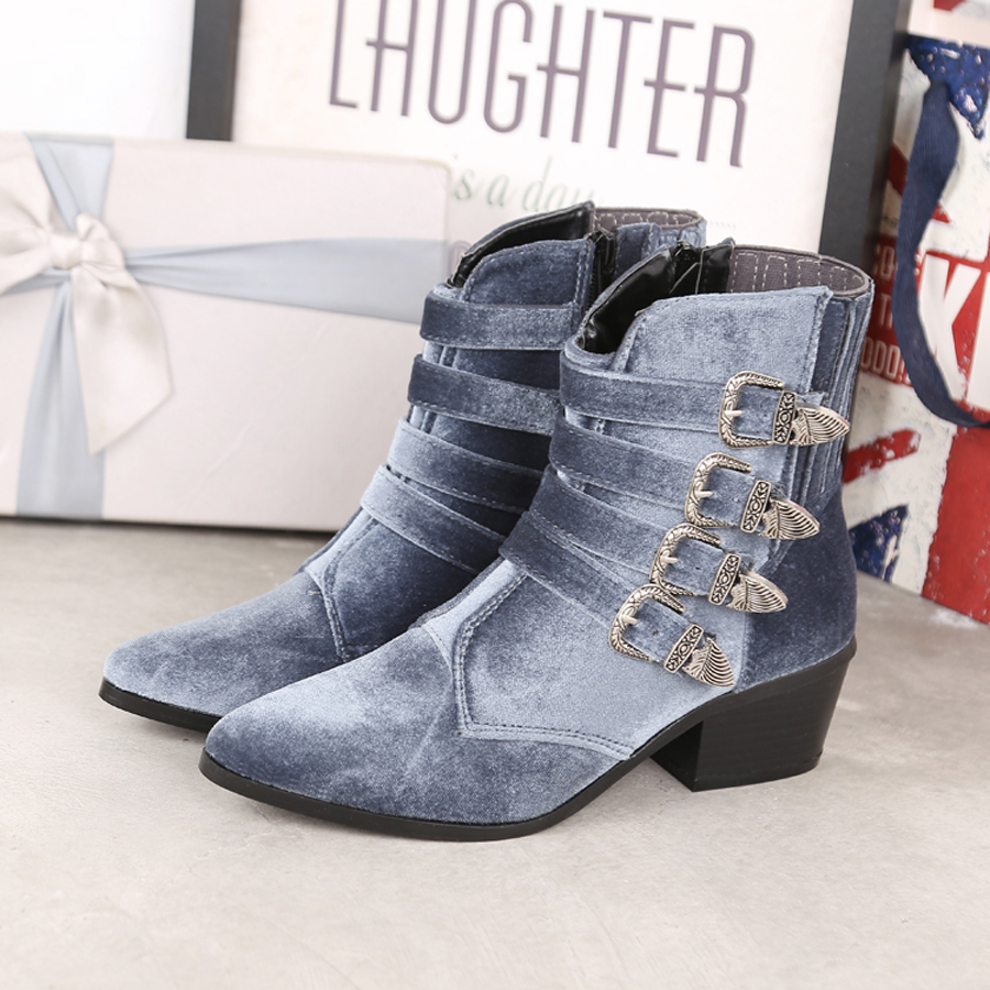 Frauen Samt Stiefel Reißverschluss Spitz Gürtel Schnalle hoch oben Knöchel Chelsea Stiefel Schuhe klobig Ferse Westlichen Neue 2 Farben: grau / 39