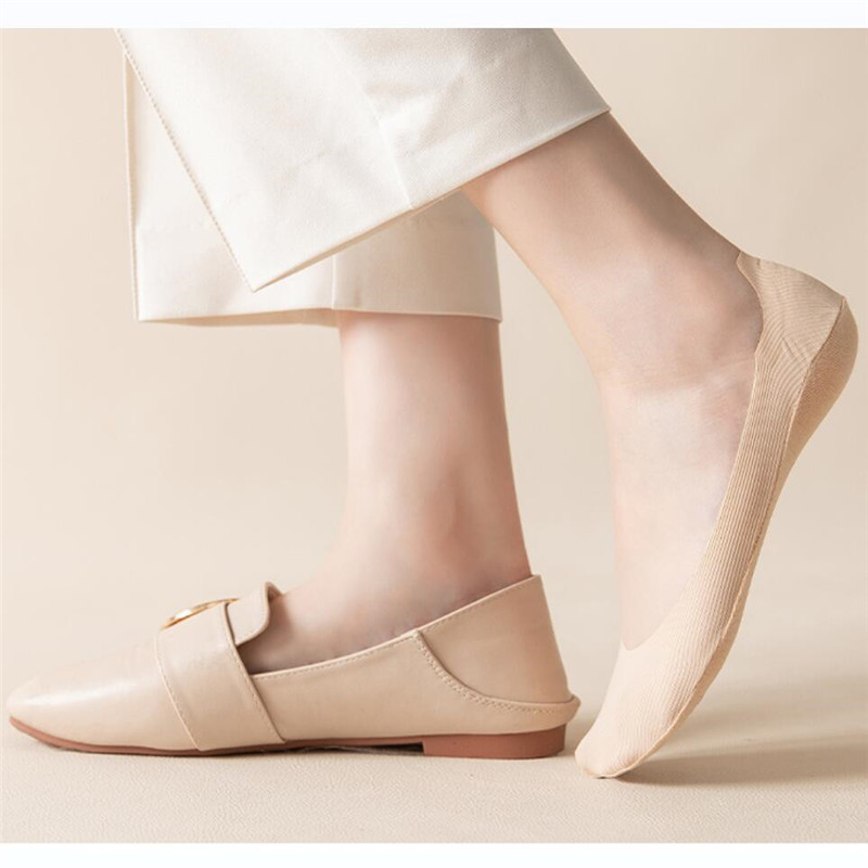 Calcetines invisibles de barco para mujer, medias finas de seda de hielo, boca poco profunda, parte inferior de algodón, sin Talón de deslizamiento, 5 pares