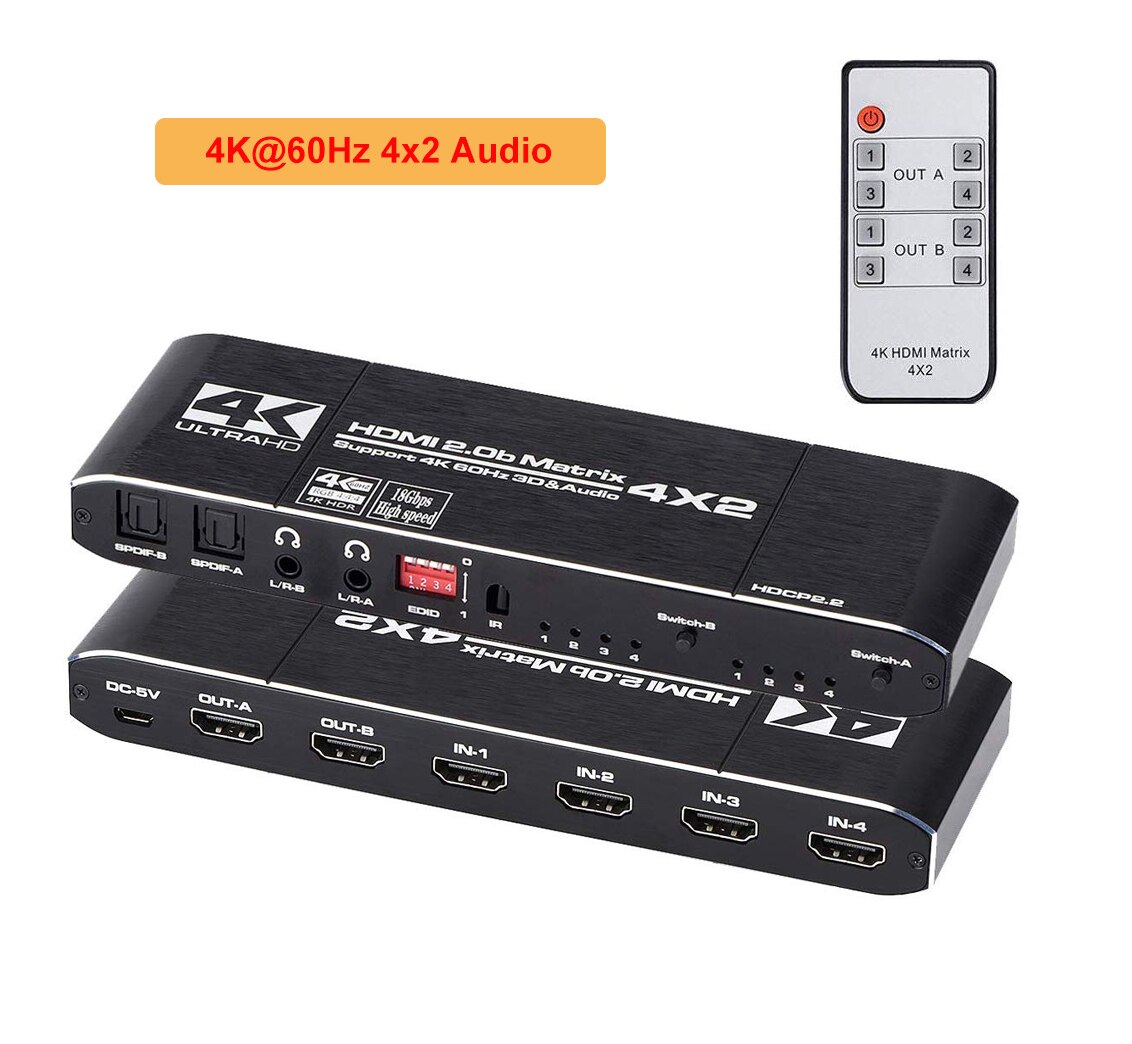 2.0 Matrix 4K 60Hz/30Hz Hdmi-Compatibel Matrix 4X2 Switch Splitter Hdcp 2.2 4X2 Swicther Met Audio Hdr Arc Voor Voor Tv Hdtv PS4: 4K60Hz With Audio / With US Plug