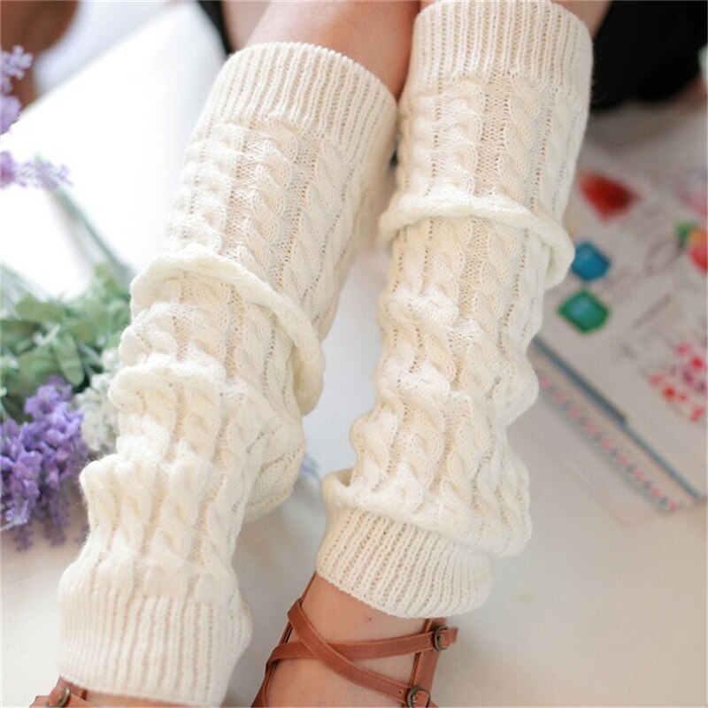 Leg Warmers Gaiters Boot Cuffs Thigh High Warm Knit Knitted Knee Socks Black Christmas For Women Girls: White
