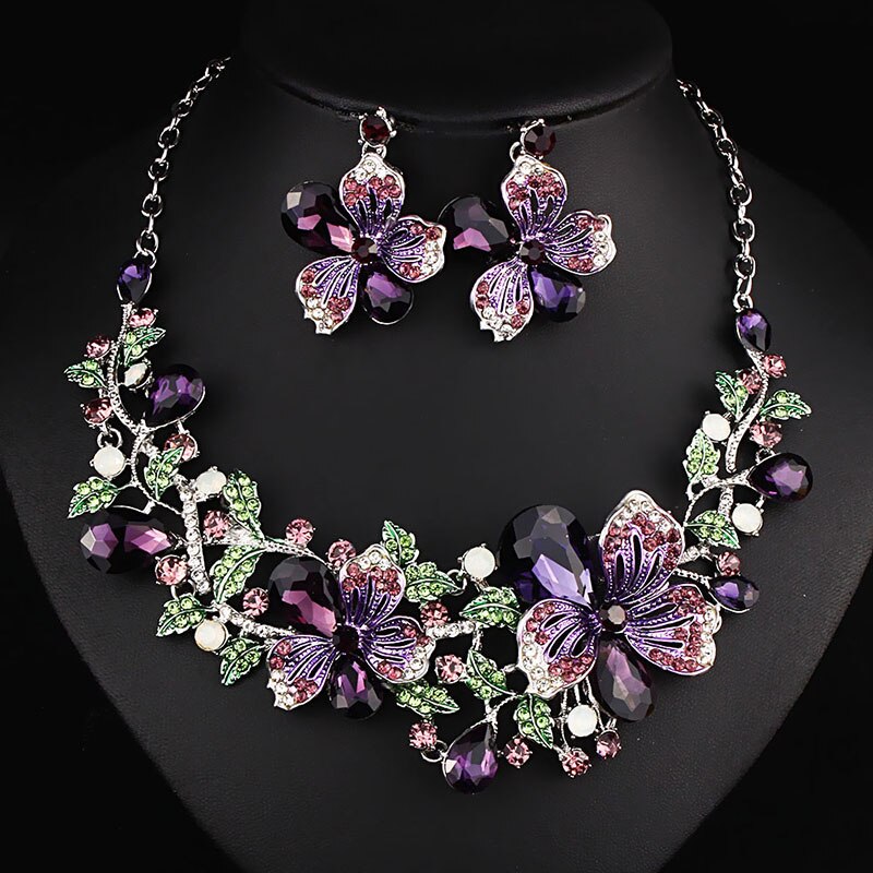 Bijoux de mariage de cristal strass fleur collier boucles d'oreilles ensemble pour les femmes ensembles de mariée bijoux de fête de luxe demoiselle d'honneur: purple