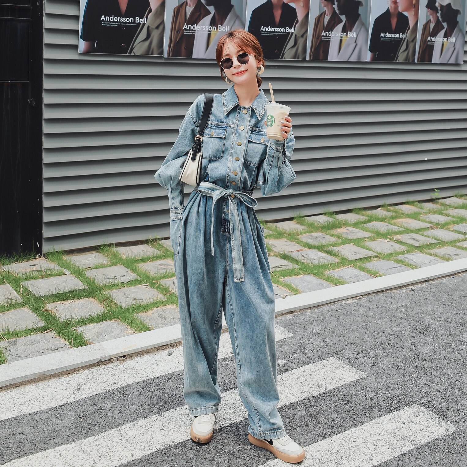 Kvinder lange ærmer brede ben jeans bandage denim jumpsuit kvindelige streetwear hip hop løs afslappet harem one piece bukser overalls