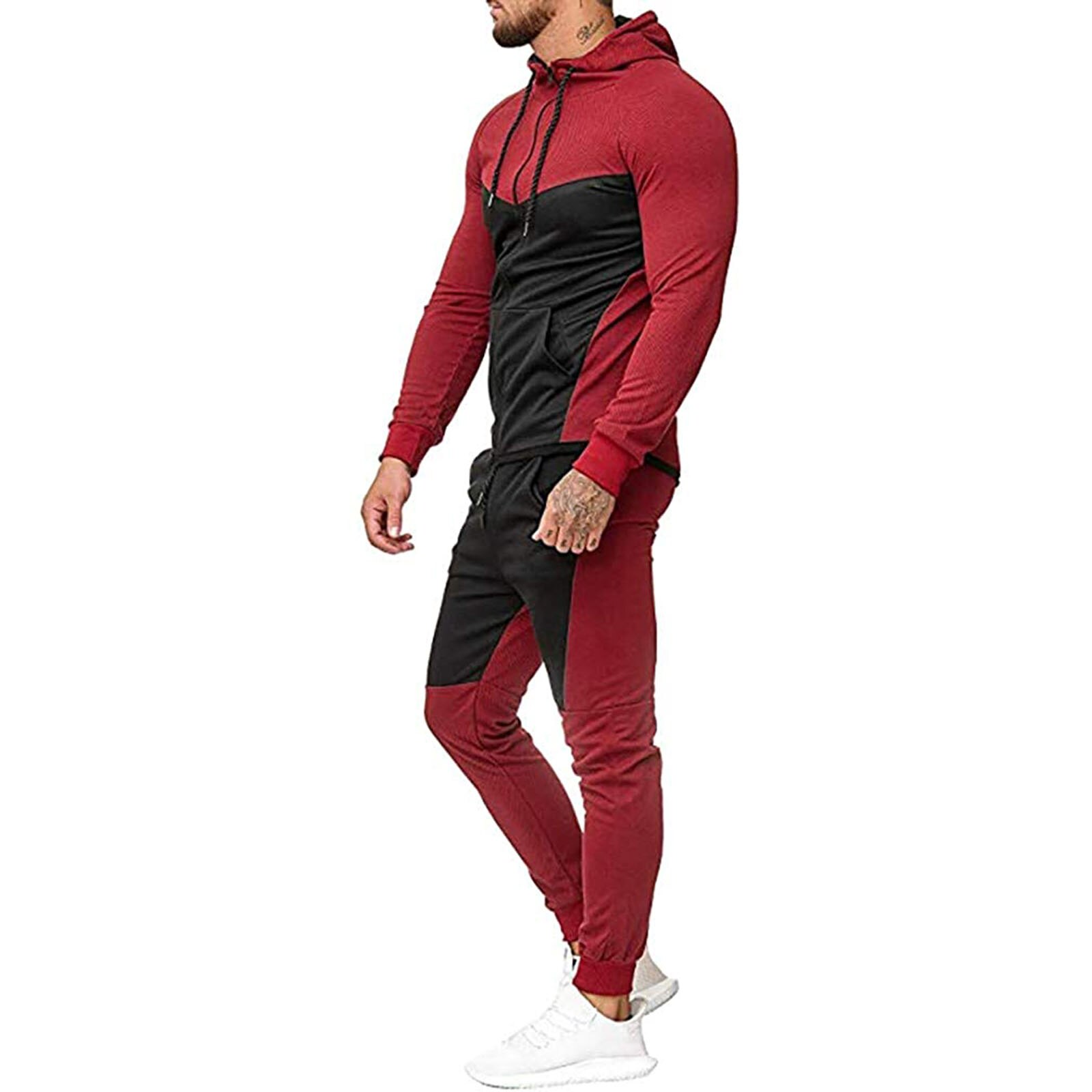 Männer Mit Kapuze Tops Hosen Anzug, Patch Farbe Lange Hülse Hemd Sport Lauf Jogger Hosen