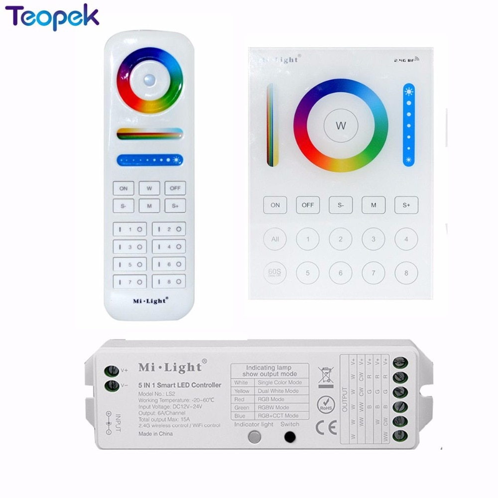 Miboxer 2.4g trådløs 8 sone rf mørkere fut 089 fjernkontroll  b8 berøringspanel veggmontert rgbww  ls2 5 i 1 ledet kontroller til rgb+cct