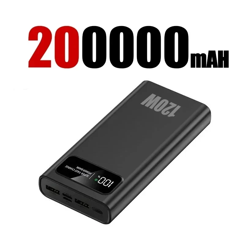 200000mAh 120W Power Bank Fast Charging Ultralarge Capacity Portable Digital Display External Battery For Huawei Iphone16 Xiaomi: black