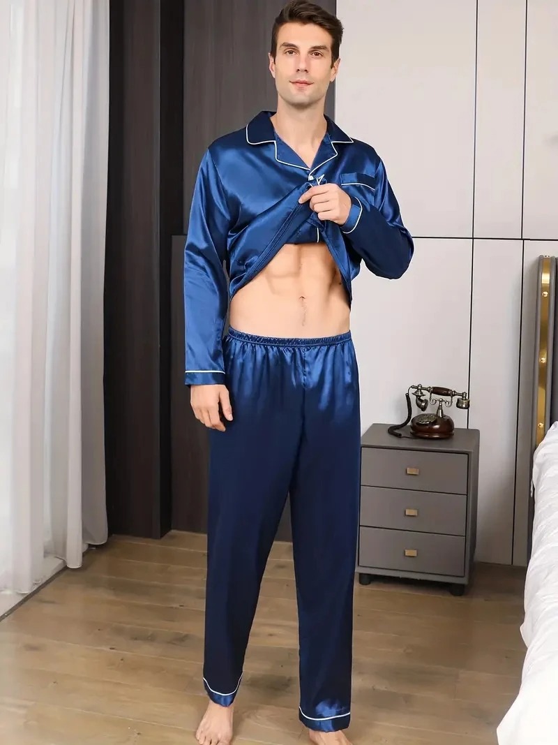Herre pyjamassæt silke satin nattøj til mænd skjorte langærmet pyjamas herre blødt loungewear store størrelser forårsnattøj