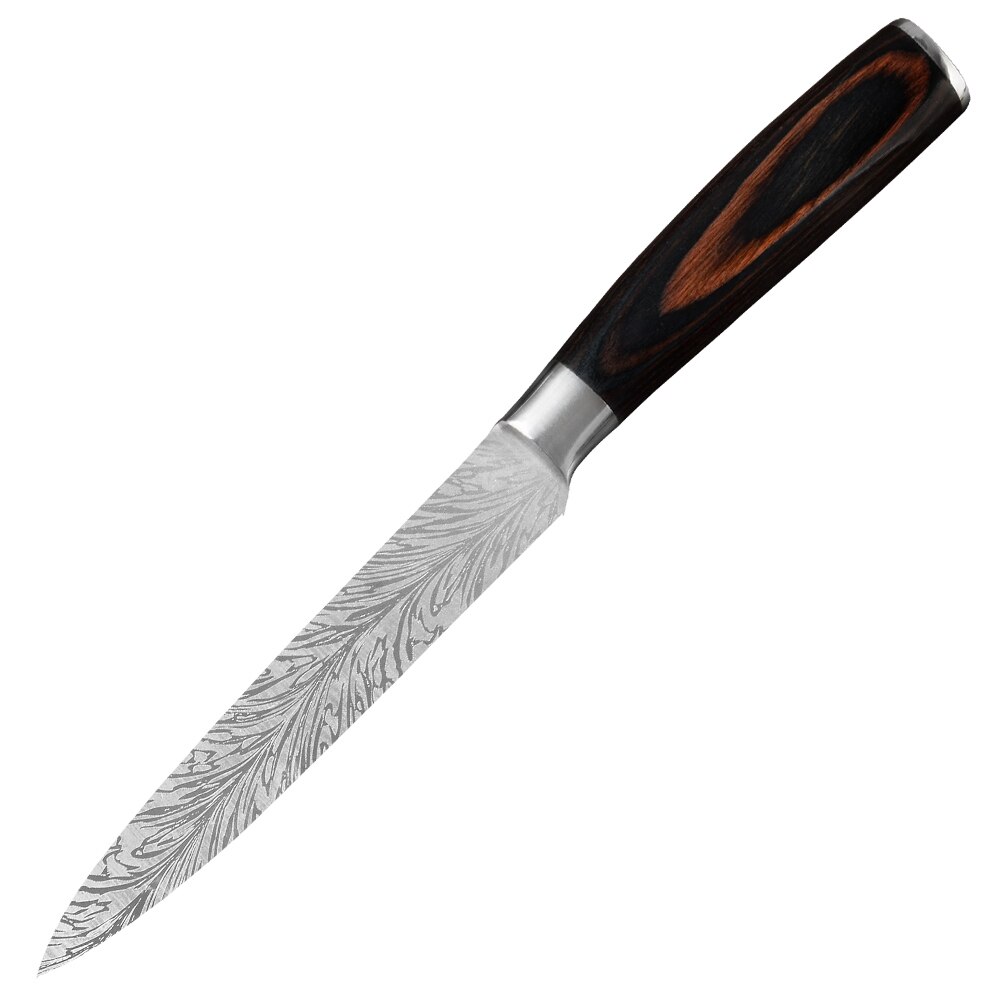 Damask fjermønster rustfrit stål køkkenknive efterligning damaskus klinge køkkenkniv 7 cr 17 kokknive sæt træhåndtag: 5 tommer nytte