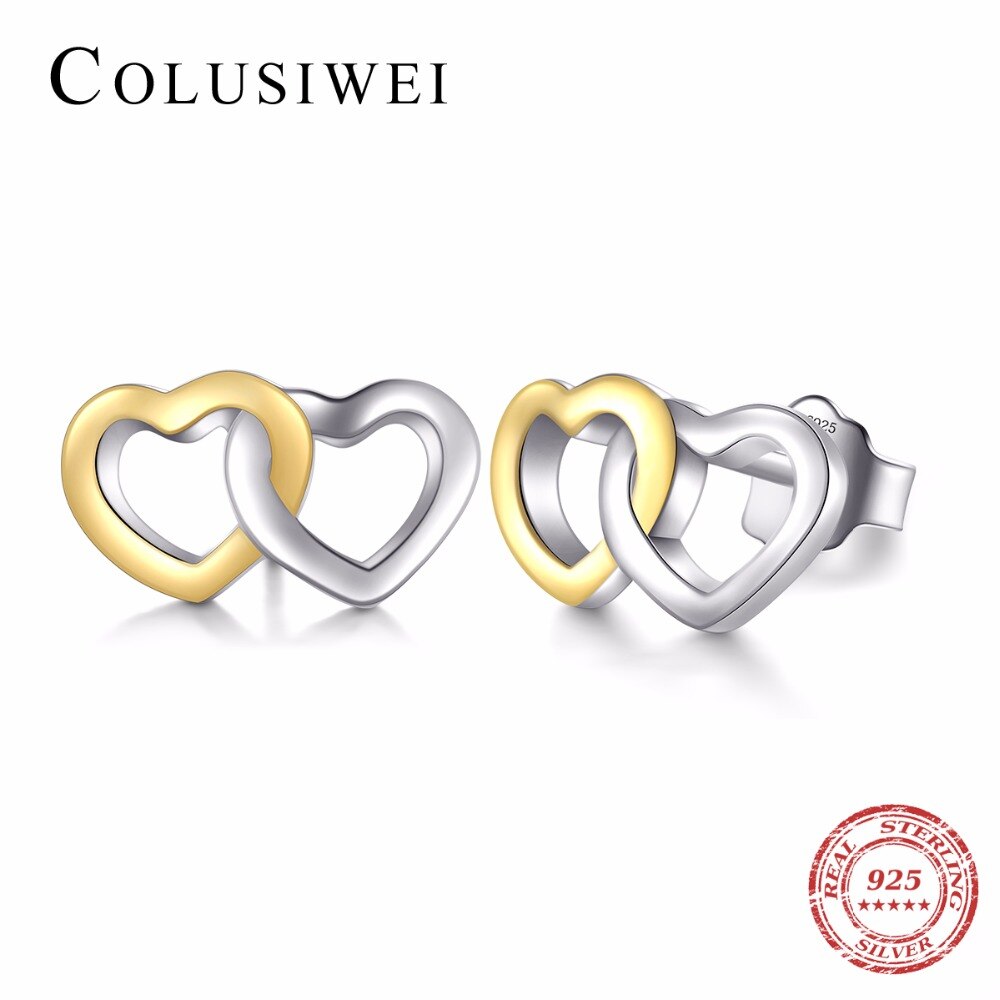 COLUSIWEI Genuine 100% 925 Solid Silver Ring & Stud Earrings Double Hearts Gold White Color Engagement Jewelry Set