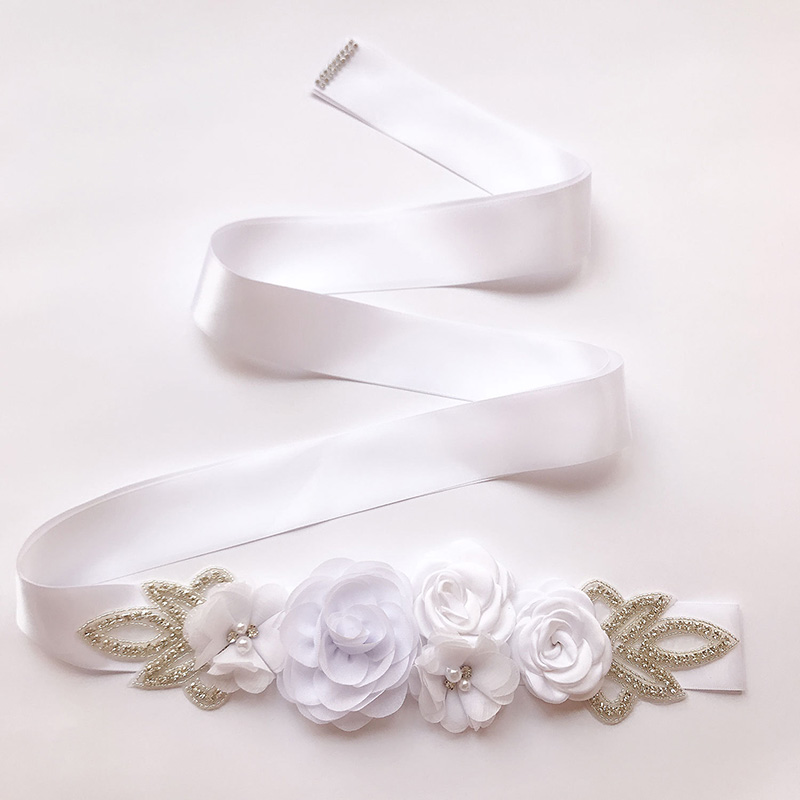 Rose Bloem Bruids Riem Parel Bruid Trouwjurk Sash Party Bruidsmeisje Gordel Buikband Tailleband: WHITE