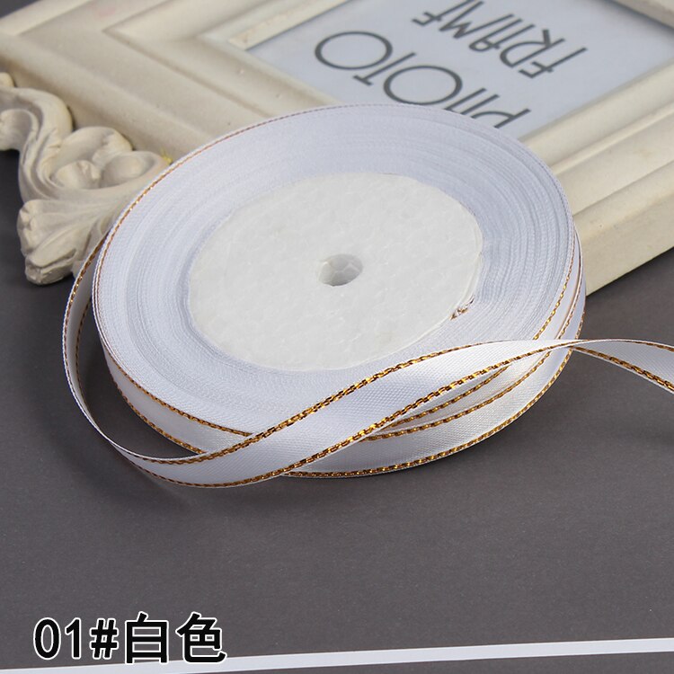 3/8" 10mm 25yards Gold Edges Satin Ribbon Wedding Happy Birthday Box Packaging Decorations DIY Craft Bow