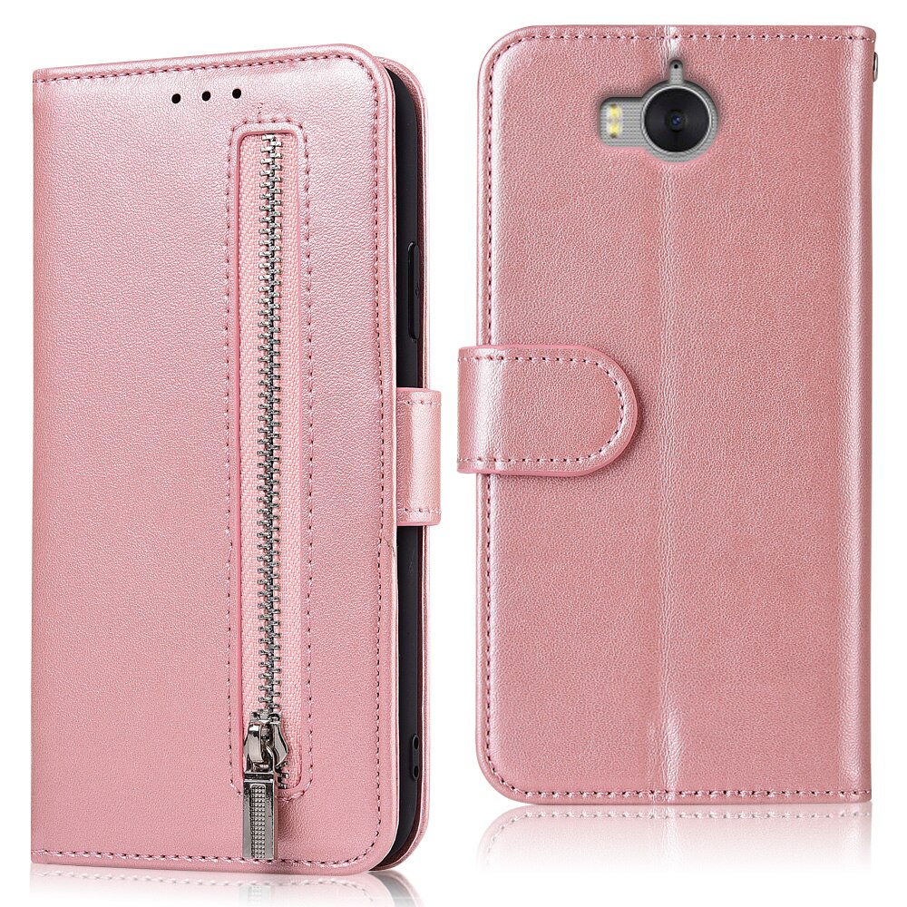 Zipper Wallet Leather Case for Huawei Y5 MYA-AL10 MYA-L22 MYA-U29 Fundas Soft TPU Back Cover Card Holder Flip Case: 61Zipper-Pink