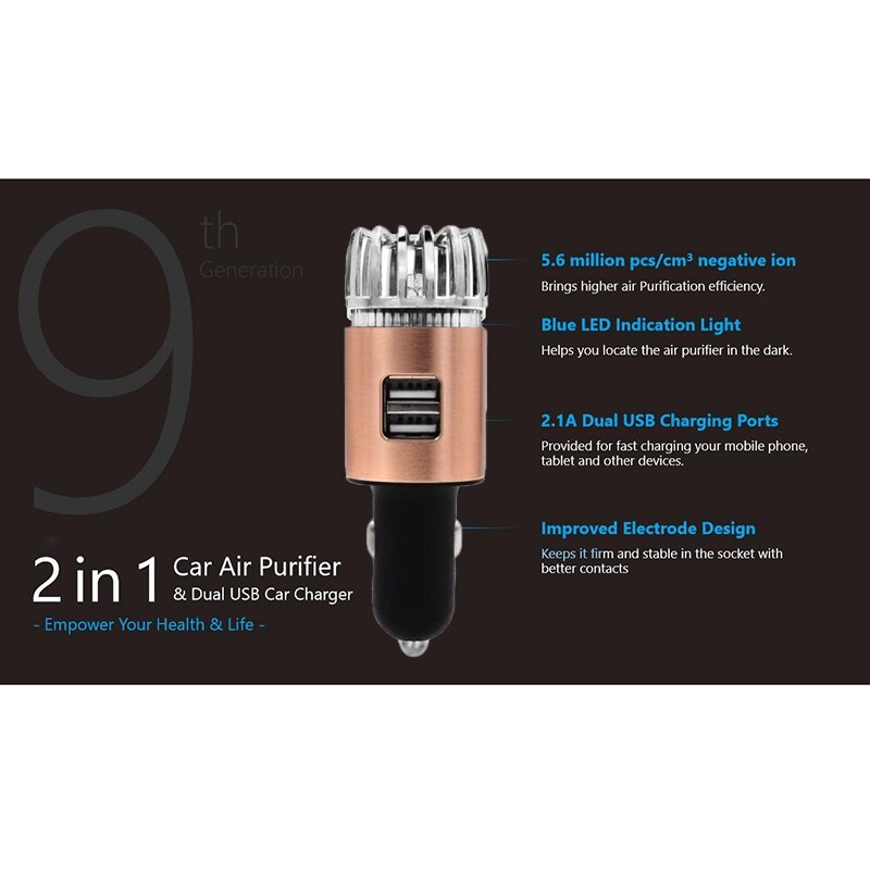 Car Air Purifier Ionizer-12V Plug-In Ionic Anti-Minibial Car Deodorizer with Dual USB Charger-Smoke Smell, Pet and Food Odors, A