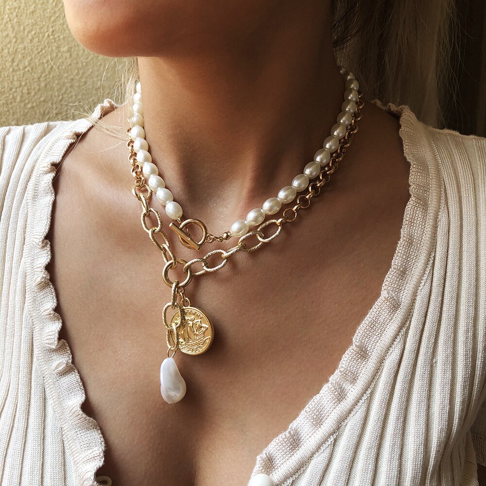 DIEZI Vintage Exaggeration Statement Choker Necklace Wedding Imitation Pearl Coin Pendant Necklaces Women Chain Jewelry