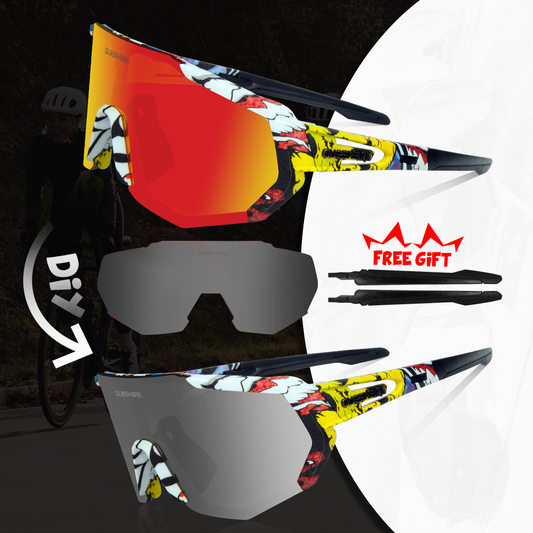 QUESHARK mujeres hombres polarizadas 3 lentes conjunto ciclismo gafas de sol deportes MTB bicicleta gafas montar bicicleta de carretera gafas QE42
