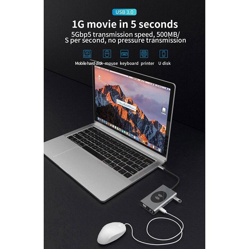 14 in usb c-hub, dubbele hdmi  rj45 vga, draadloos opladen 1 usb-hub 3.0, adapterdock voor pro usb-splitter