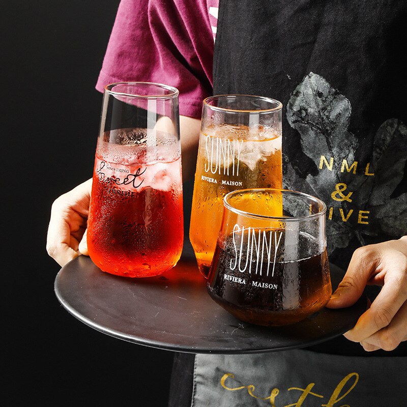 350ml milk tea cup drink cups Transparent glass cute cartoon printing milk cup kitchen&bar supplies cups Glass Cup for Juice