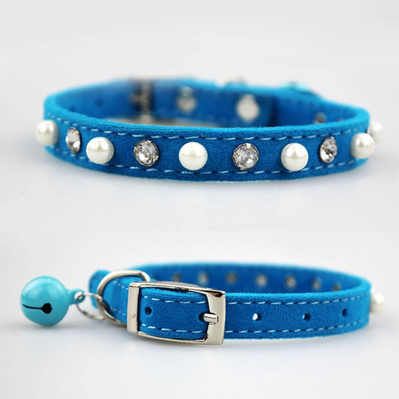 Adjustable Pet Cat Collar With Bell Diamond Pearl Retractable Necklace Kitten Dog Collar Neck Strap Cat Accessories Pet Supplies: Blue