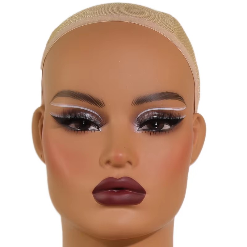 Cabeza de exhibición de pelucas de cara cuadrada, cabeza de maniquí realista con hombros, cabeza llena de espuma de Pvc con sombra de ojos, orificios para las orejas, pestañas