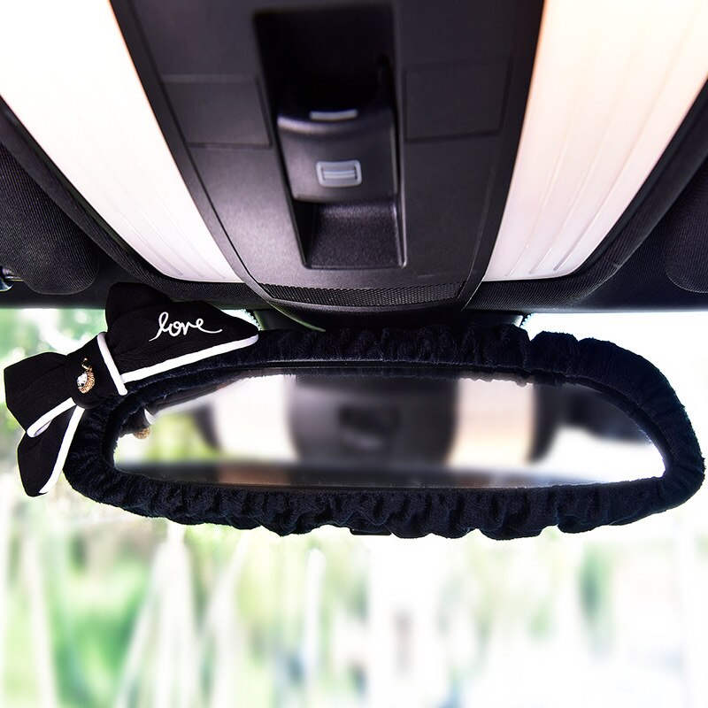 Nette Bowknot Auto Innen Rückspiegel Abdeckung für Mädchen Plüsch Auto Spiegel fallen Bogen Dekoration Zubehör für Frauen und Mädchen: Schwarz