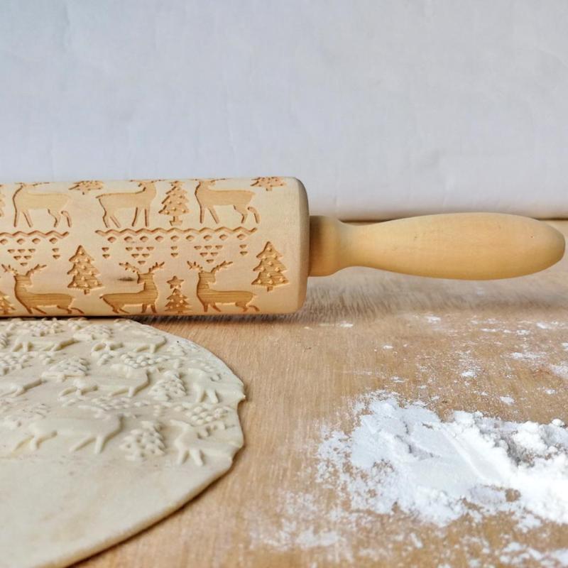 Kerst Sneeuwvlok Elanden Houten Deegroller Bakken Cookies Fondant Deeg Gegraveerde Roller DIY Tool Kerst Embossing Rolling Pin