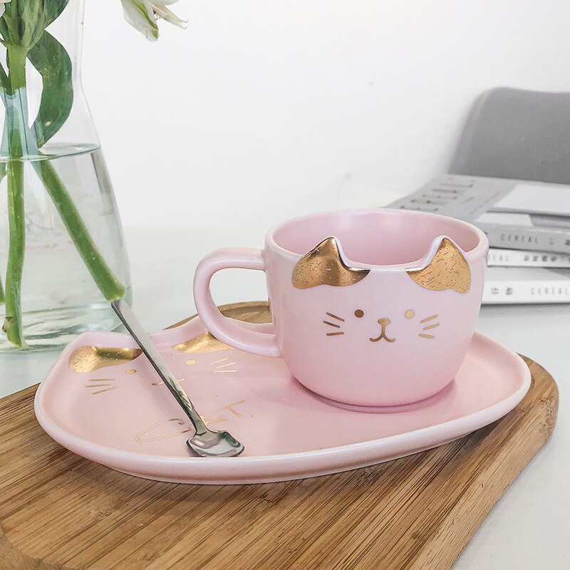 200ML Keramik Kaffee Tasse und Untertasse setzt SchöNe Gold Katze Kekse Kaffee Becher mit Wüsten Platte Büro oder hause: Rosa