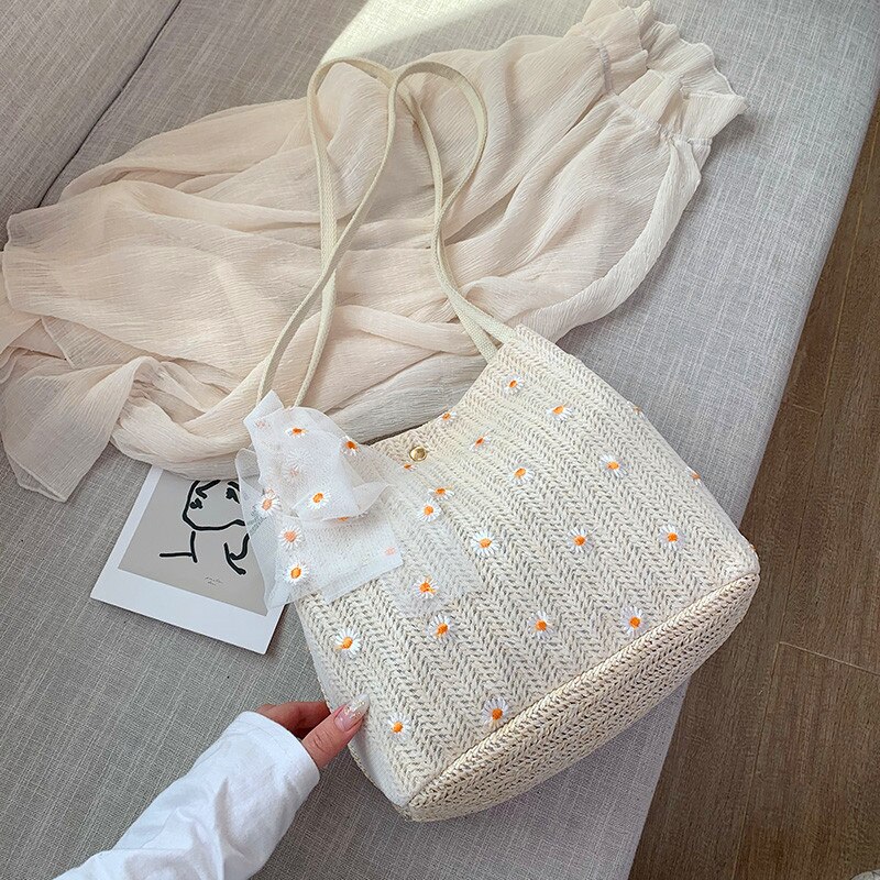 Casual laço floral rattan baldes sacos de vime tecido feminino sacos de ombro senhora bolsas praia verão palha saco grande capacidade tote