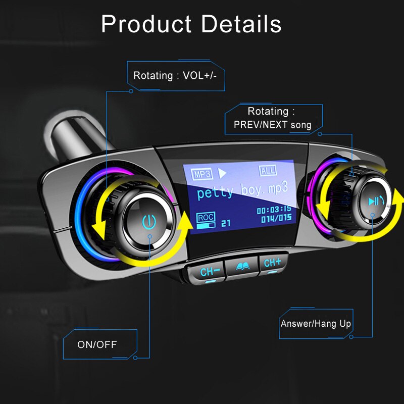 Vention Car Charger - Bluetooth 5.0 FM Transmitter - Dual USB Ports - QC 3.0 Fast Charging