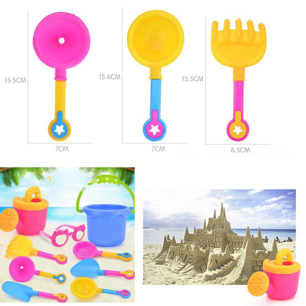 9 stks/set Seaside Trechter Bril Strand Zand Spelen Water Niet giftig Simulatie Plastic Schop Emmer Waterkoker Speelgoed Set Willekeurige kleur
