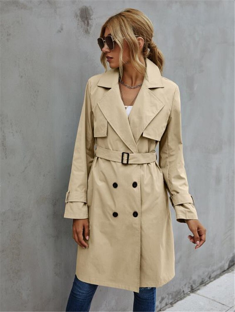 Women Casual Solid Color Coat Adults Autumn Elagant Long Sleeve Lapel NeckDouble Breasted Belted Trench Coat