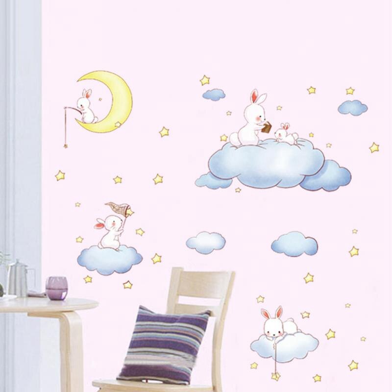 Cartoon Muur Sticker Kinderen Kamers Home Decor Konijn Decals Baby Slaapkamer Wolken Muursticker