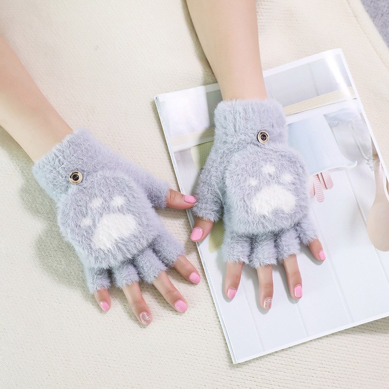 Winter Warme Zachte Konijnenbont Knit Mittens Vrouwen Flip Half Vinger Pluche Dikke Leuke Cartoon Kat Klauw Touchscreen Rijden handschoenen I1: A Light Blue