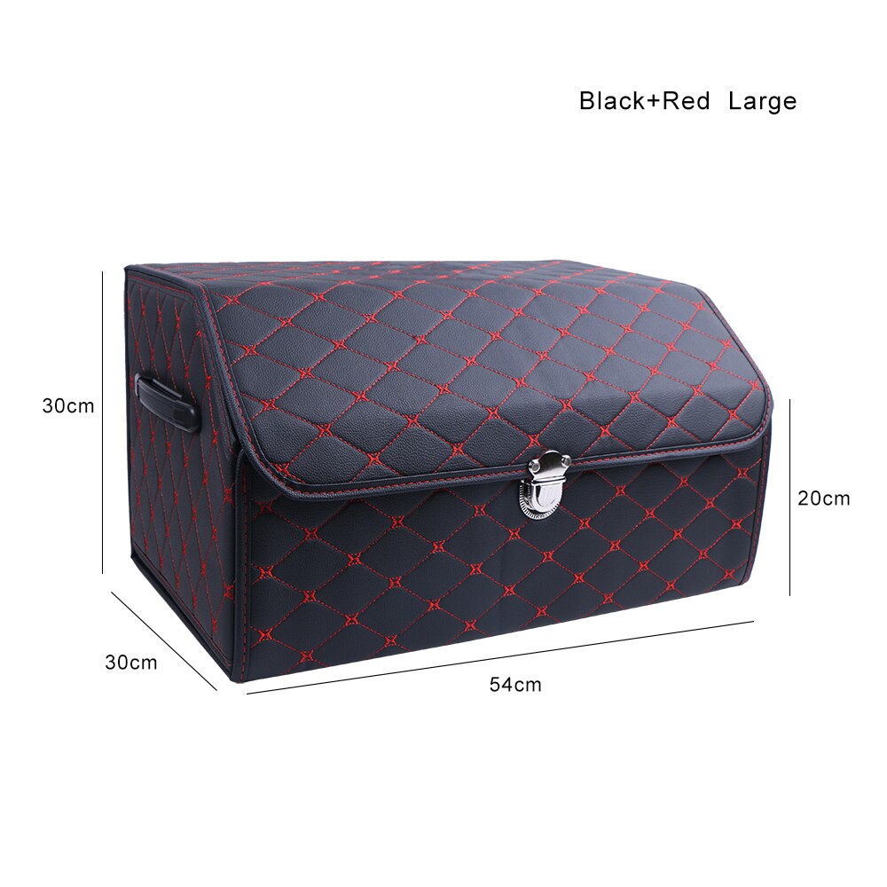 PU Leather Car Trunk Storage Box Top Grade Car Organizer Folding Storage Bag Automobile Stowing Tidying Box For Sedan SUV MPV: black-red-large