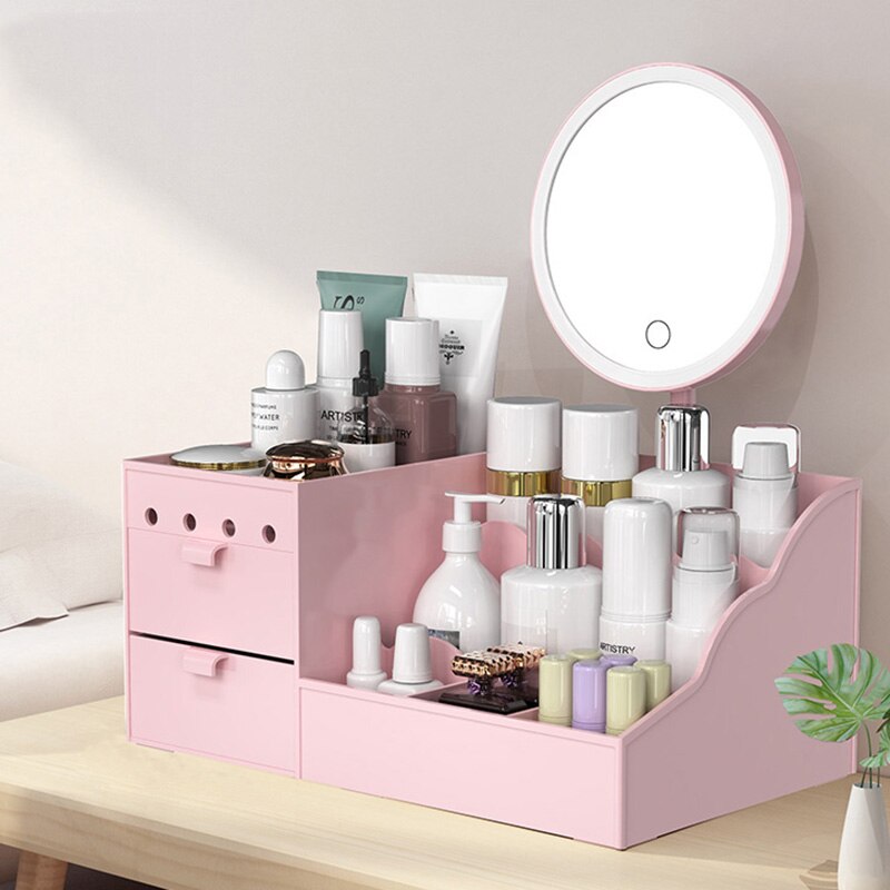 LED Mirror Makeup Organizer Bathroom Large Capacity Drawer Makeup Storage Box Skin Care Dressing Table Girl Cosmetic Beauty Case: Pink with mirror / 28x17x13CM