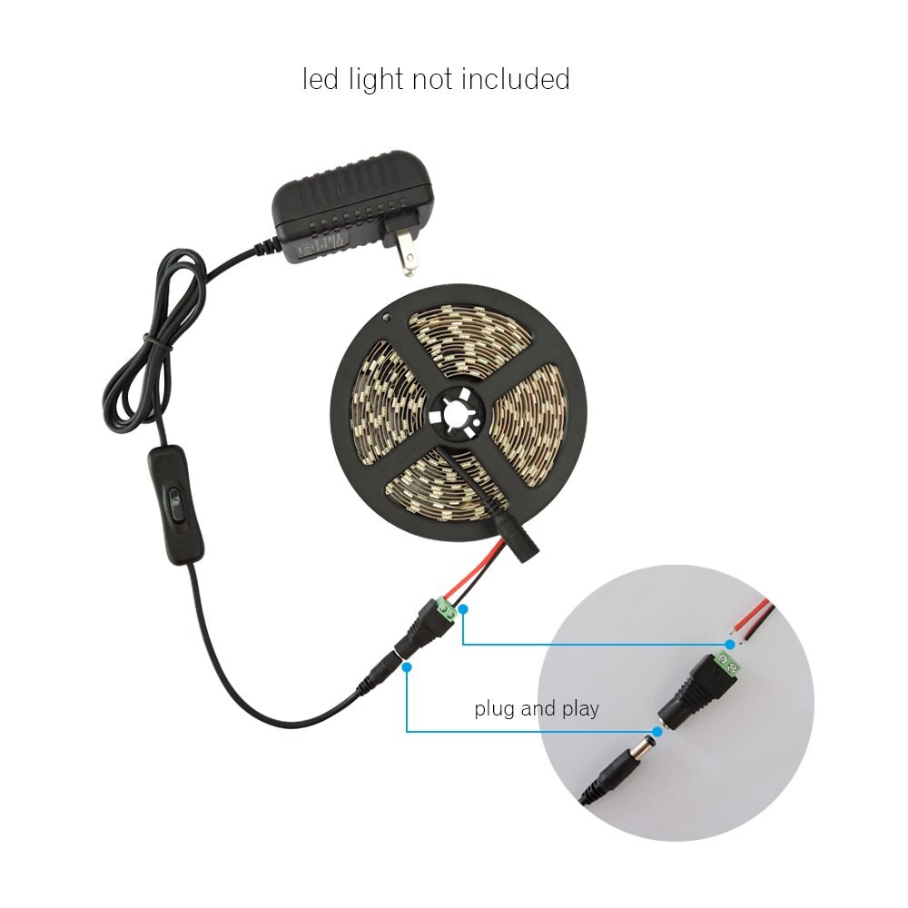 Led Voeding Adapter met Inline op uit Schakelaar voor 12V 3528 Led Light Strip (8.2ft maxlength) of 5630 5050 Led Strip ST332