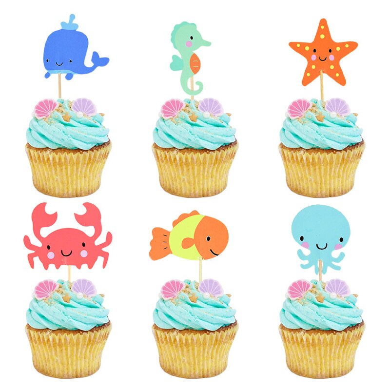 24 pçs oceano animal cupcake toppers sob o mar festa bolo bandeiras menino chá de fraldas tema sereia festa de aniversário bolo decorações