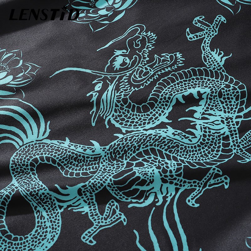 LENSTID Men Hip Hop Hawaiian Beach Shirt Dragon Lotus Print Harajuku Streetwear Casual Long Sleeve Oversize Aloha Shirts