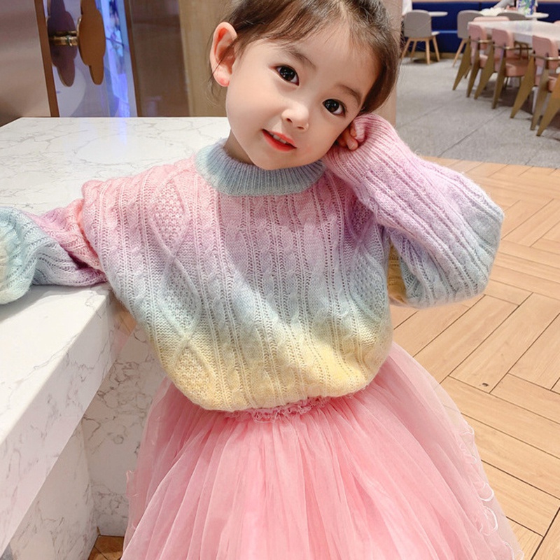 Pull tricoté arc-en-ciel pour fille, pull ample à col rond, vêtement pour enfant de 3 à 11 ans, collection automne et hiver