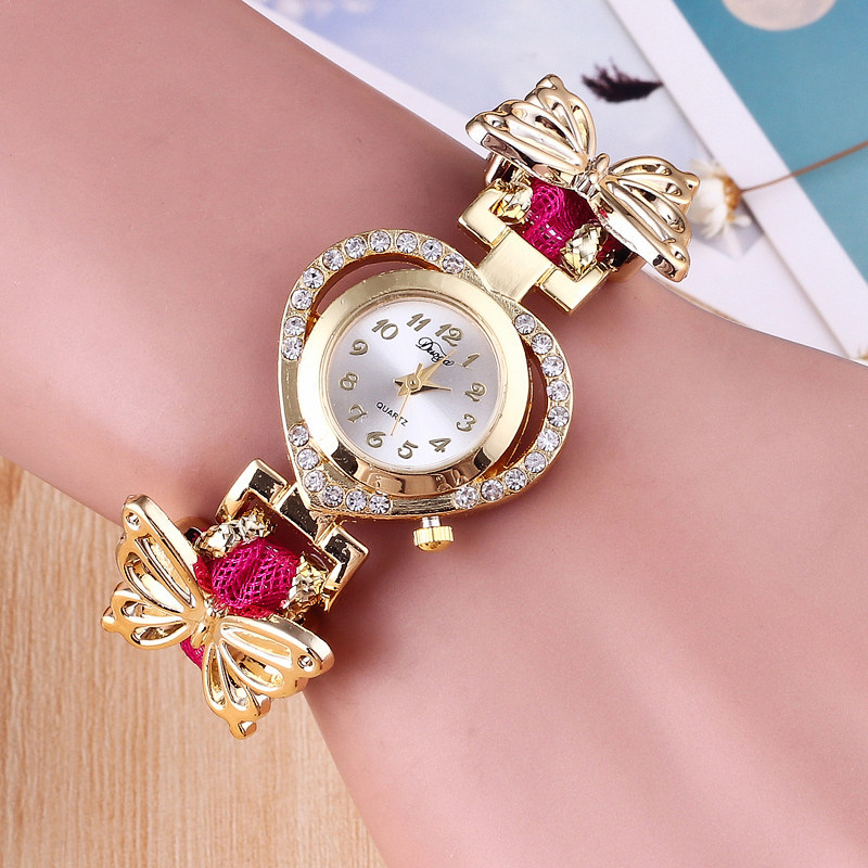 Hesiod Vrouwen Horloge Dames Hart Dial Horloge Klok Vrouwelijke Roestvrij Goud Kleur Vlinder Armband Horloge