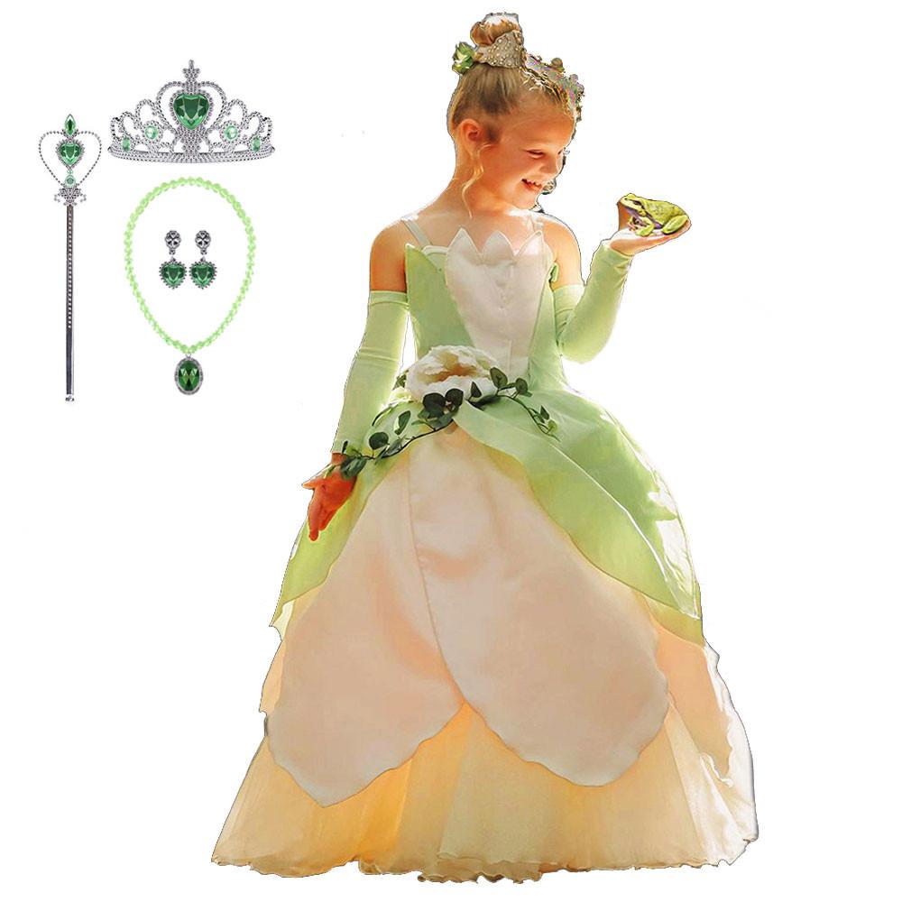 Costume princesse et la grenouille pour filles, robe Tiana de carnaval, robes de jeu de rôle: Dress C / 10-11T
