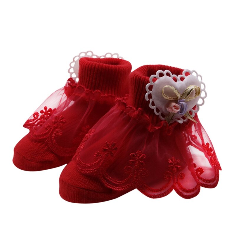 Cute Baby Girl Socks Cotton sweat absorbent non - slip socks With Lace Bow Floral Print Socks Princess Children Socks: red
