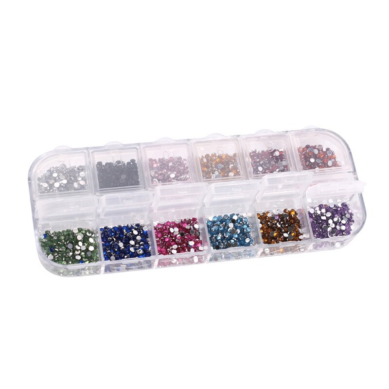 2400 stks 2mm Steentjes Nail Decoratie Ronde Kleurrijke Glitters Met Harde Case DIY Nail Art Decorations 12 Kleur