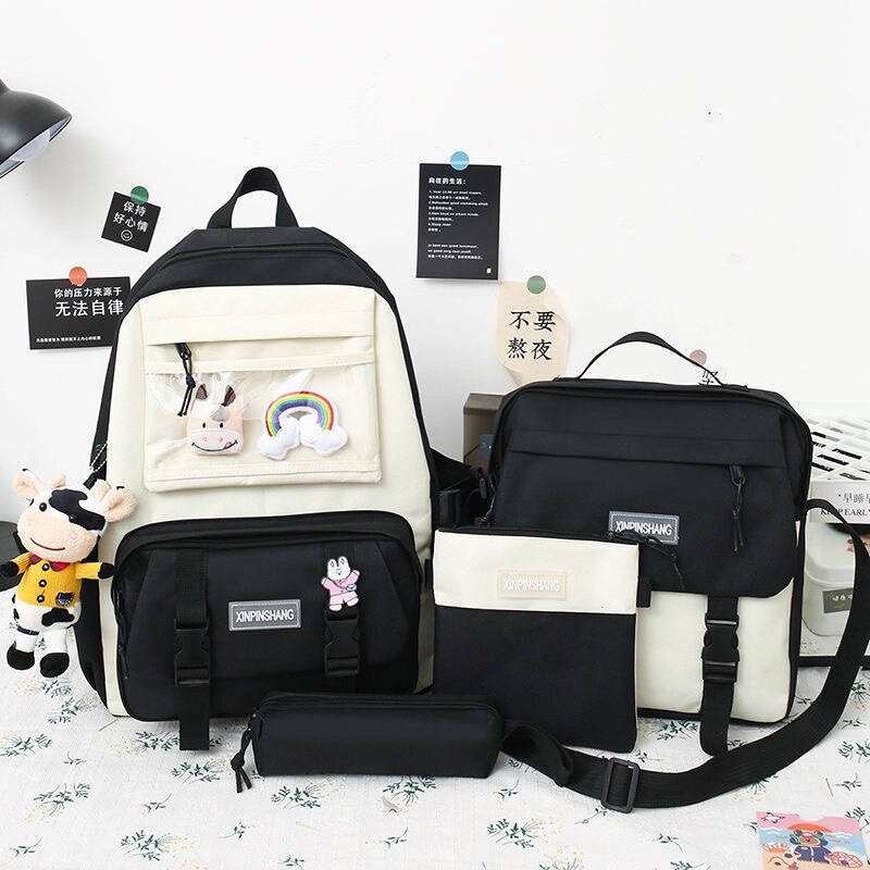 4 unids/set de lona mochilas para mujeres lindo bolsas para la Escuela de las niñas adolescentes bolsas los estudiantes mochilas para mujer mochila: Negro / With pendant