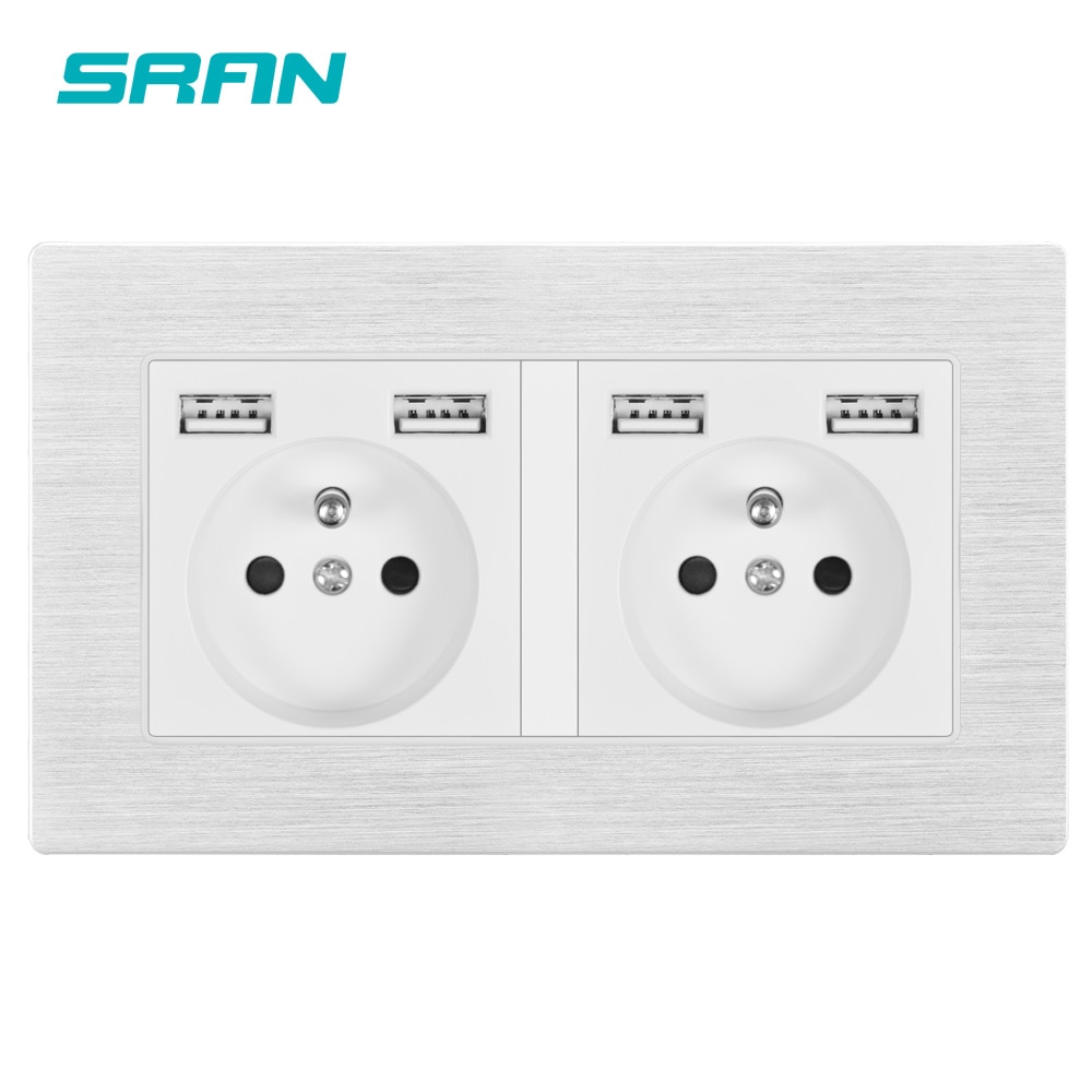 16A French Multi Way Power Socket Plug Grounded Electrical Socket with usb outlet strip 146 Aluminum alloy panel family hotel