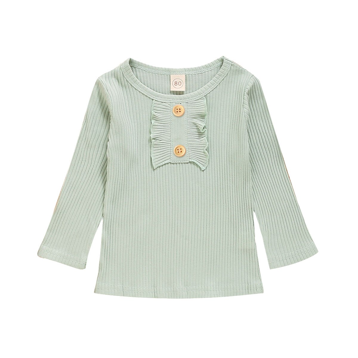 Herfst Winter Gestreepte Baby Meisjes Lange Mouw T-shirt Effen Kleur Ruche Decoratie Knop Klassieke Ronde Hals Lente Kleding: C / 120