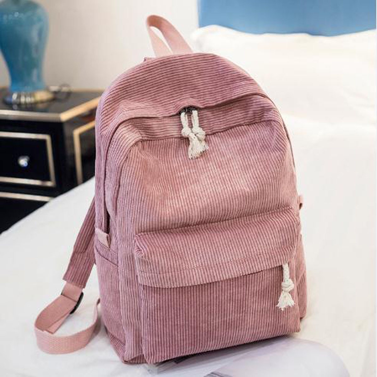 Kvinner dame enkel preppy stil corduroy ryggsekk jenter casual ensfarget dobbel glidelås reiser skolesekk rosa blå grå grønn