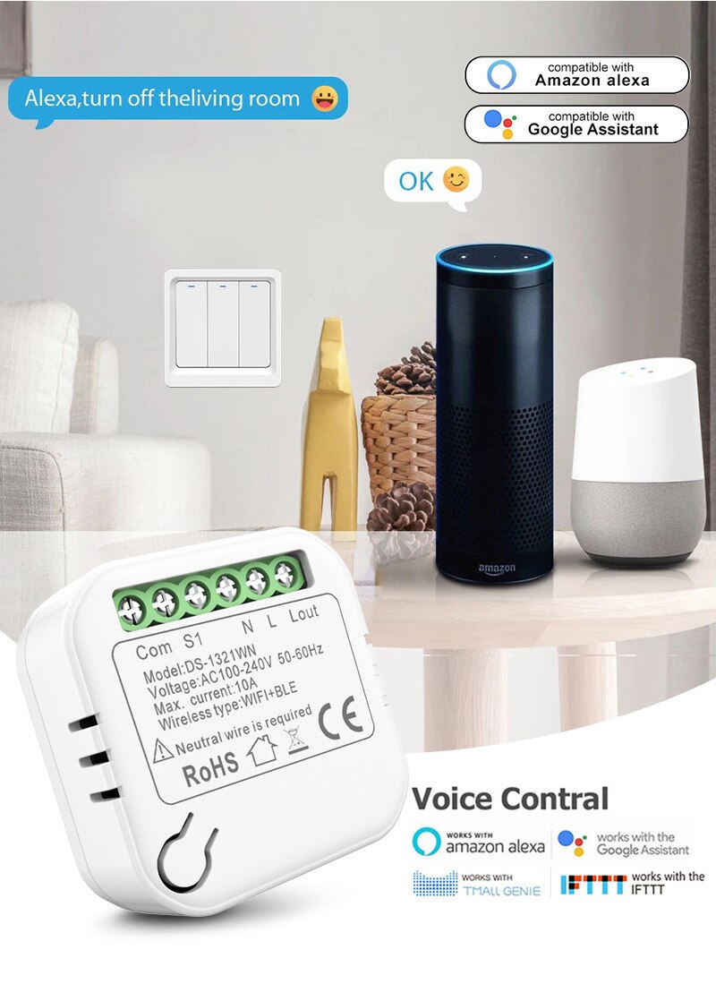 Tuya 10a mini wlan + bluetooth smart-schalter mit zeitschaltuhr, kabellos, unterstützt 2 wege, kompatibel mit alexa, google home und der smart life app.