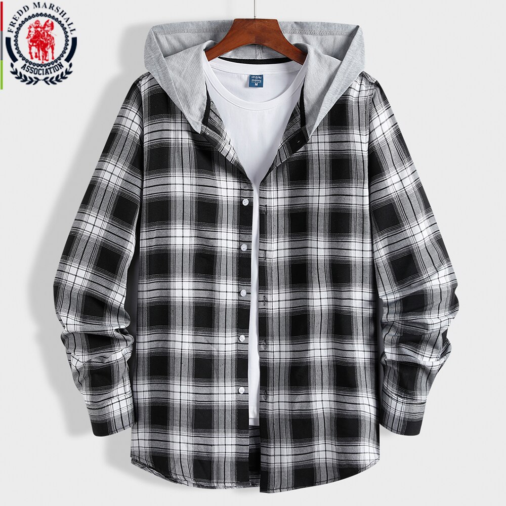 FREDD MARSHALL Spring Long Sleeve Plaid Hooded Shirt Men Casual Business Hood Shirts Outwear Male Clothing 4050: L