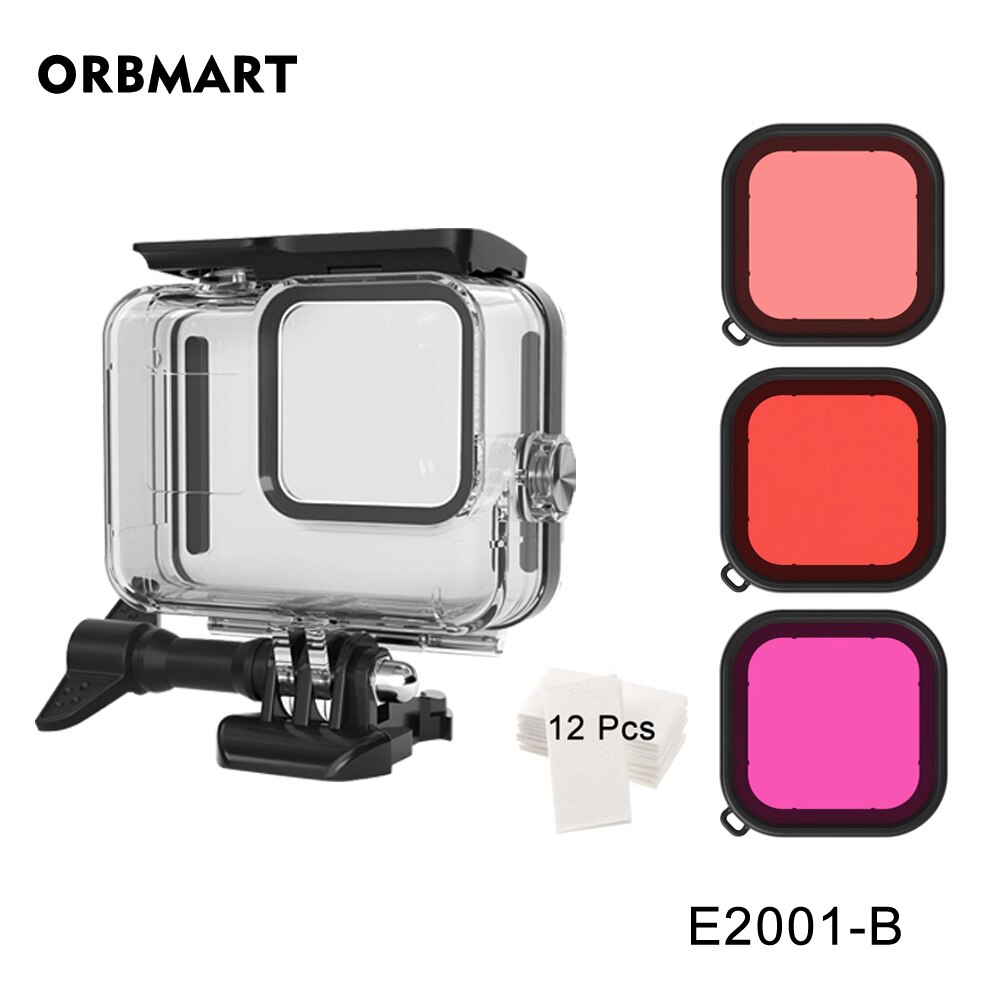 Funda impermeable de 30m para GoPro Hero 8, carcasa para buceo, cubierta protectora de buceo, montaje para para cámara, accesorios de color negro, impermeable hasta 60m: E2001-B
